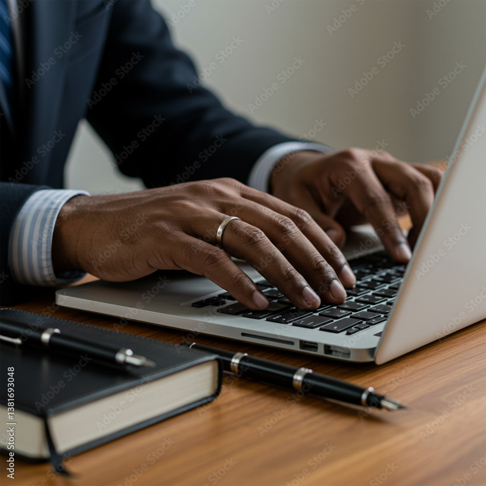 a businessman’s hands typing on a laptop, with a pen and notebook beside it. The focus is on the hands and keyboard, with a soft, blurred background. a businessman’s hands typing on a laptop, with a pen and notebook beside it. The focus is on the hands and keyboard, with a soft, blurred background.