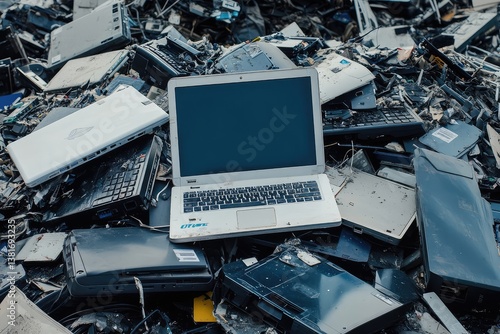 Discarded laptop on e-waste pile. AI generated illustration.