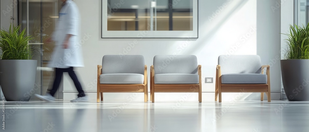 Hospital waiting room chairs with doctors walking by