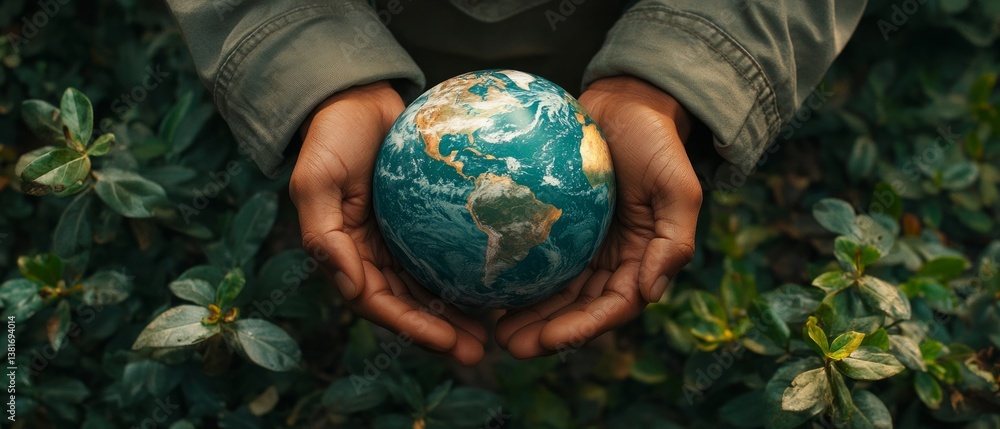 Hands holding globe on green nature forest background