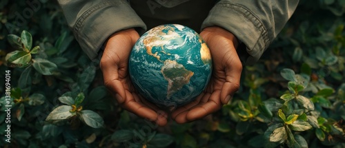 Obraz na płótnie Hands holding globe on green nature forest background w salonie
