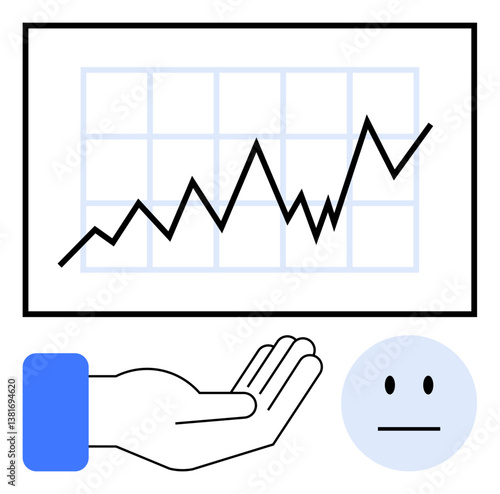 Rising line graph supported by an open hand alongside neutral face. Ideal for growth, finance, business, investment, support, decision-making, analytics. Flat simple metaphor
