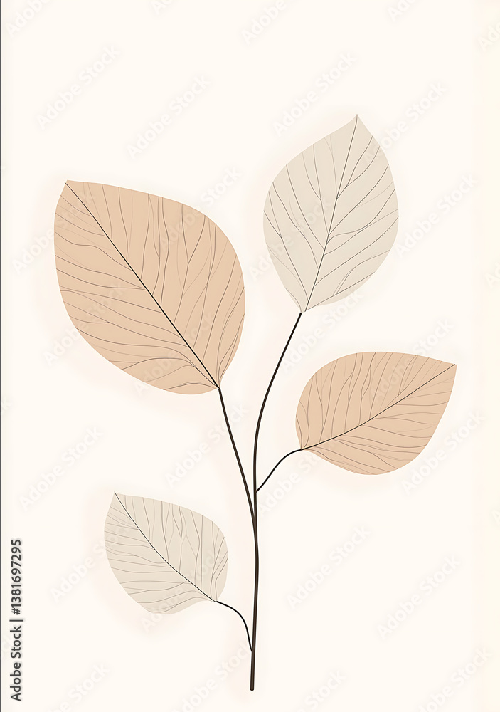 Fototapeta premium Minimalist botanical illustration of two transparent leaves symmetrical composition neutral colors soft lighting white background elegant simplicity high resolution