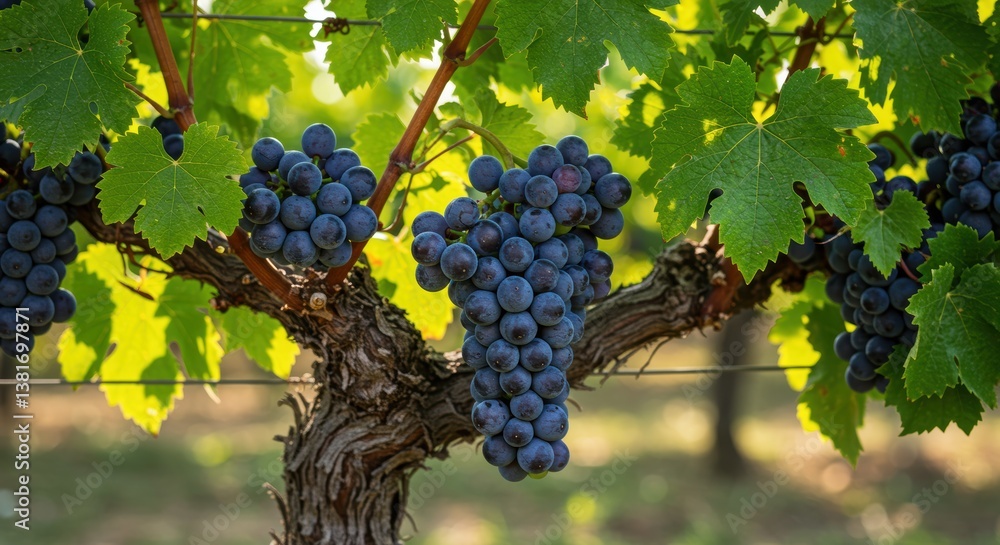 A close-up of ripe, dark blue grapes on a vine among lush green leaves, encapsulating vineyard life and the beauty of nature’s bounty, perfect for themes of farming and healthy living. A close-up of ripe, dark blue grapes on a vine among lush green leaves, encapsulating vineyard life and the beauty of nature’s bounty, perfect for themes of farming and healthy living.