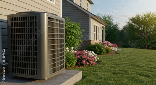 A sleek air conditioning unit stands beside a modern home, surrounded by lush green lawn and vibrant flower beds, embodying the essence of comfortable living.