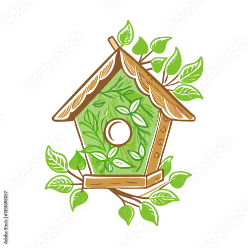 Green birdhouse icon with leaves, nature decoration concept