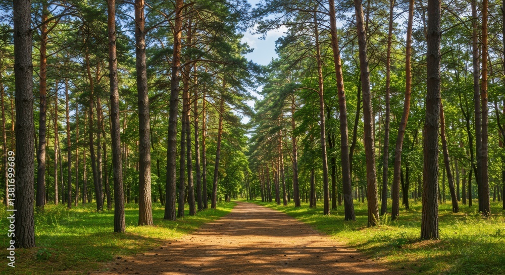 Obraz premium A serene pathway winds through a dense forest of towering pine trees. Sunlight filters through the leaves, illuminating the vibrant greens of the underbrush in a tranquil scene.