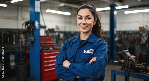 A confident young woman stands in a mechanic's workshop, arms crossed, surrounded by tools. She represents professionalism and promotes women in skilled trades.