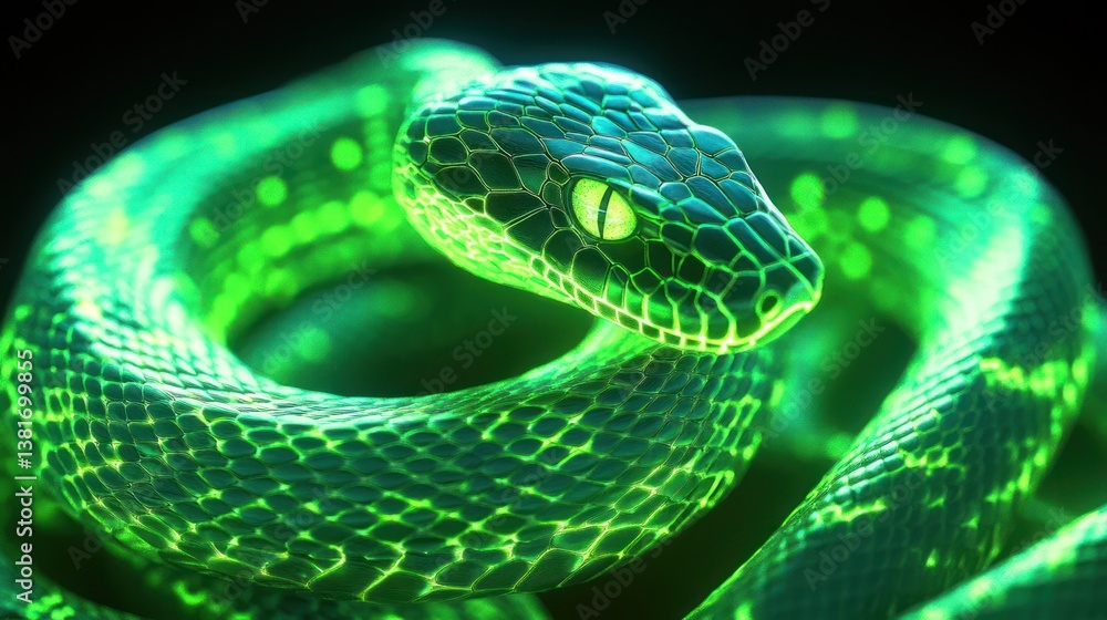 Vibrant coiled cobra with neon luminescence radiating from its scales and eyes Vibrant coiled cobra with neon luminescence radiating from its scales and eyes