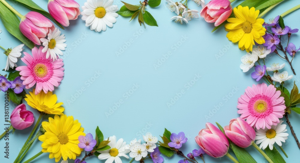 A beautifully arranged collection of vibrant flowers featuring tulips, gerbera daisies, and more, framing a soft blue background. Perfect for spring themes, invitations, and fresh designs. A beautifully arranged collection of vibrant flowers featuring tulips, gerbera daisies, and more, framing a soft blue background. Perfect for spring themes, invitations, and fresh designs.