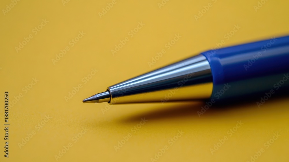 Close-Up of Blue Ballpoint Pen with Glossy Silver Tip on Yellow Background Close-Up of Blue Ballpoint Pen with Glossy Silver Tip on Yellow Background