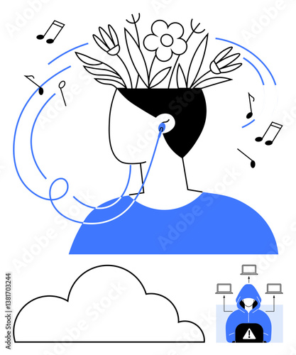 Person listening to music, flowers and plants sprouting from their head. Represents creativity, relaxation, mental health, focus, mindfulness, self-expression and growth. Flat simple metaphor
