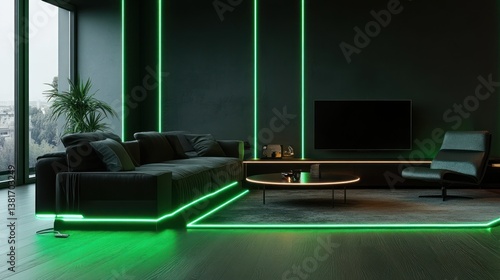Modern apartment, neon green lighting, city view, lounge area, interior design