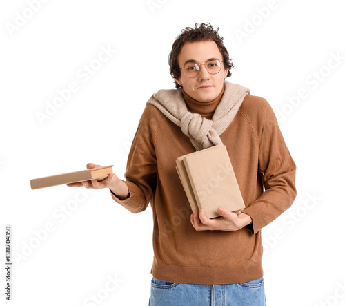 Confused young man with books on white background