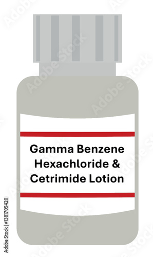 Gamma Benzene Hexachloride Cetrimide Lotion medicine isolated in plastic bottle. Liquid types of medicines anti scabies and pediculosis. Shampoo, lotion, cream containing Kwell. Vector.