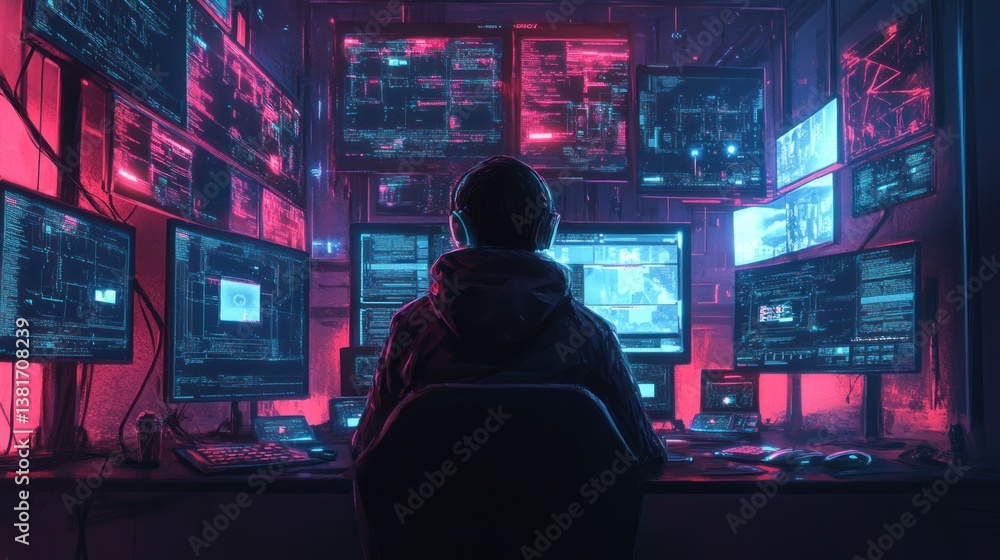 Cyberpunk hacker immersed in code filled screens in a darkened room setting Cyberpunk hacker immersed in code filled screens in a darkened room setting