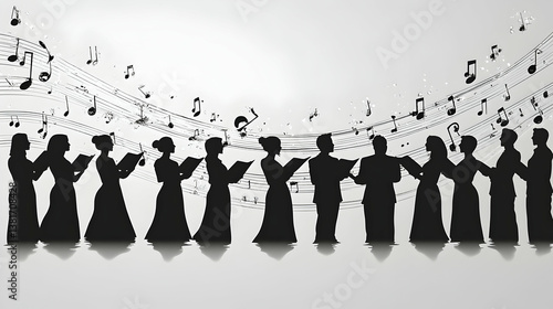 A choirs silhouette sings against a backdrop of musical notes harmony floating above Reflected figures mirror the art