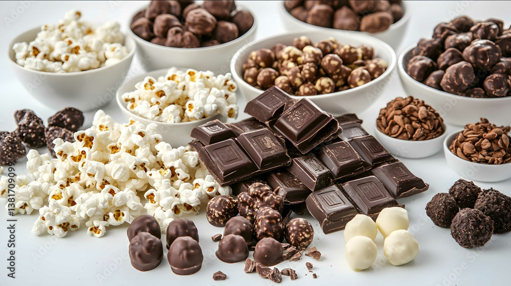 Obraz premium chocolates popcorn truffles snack mix setting on a white table white background