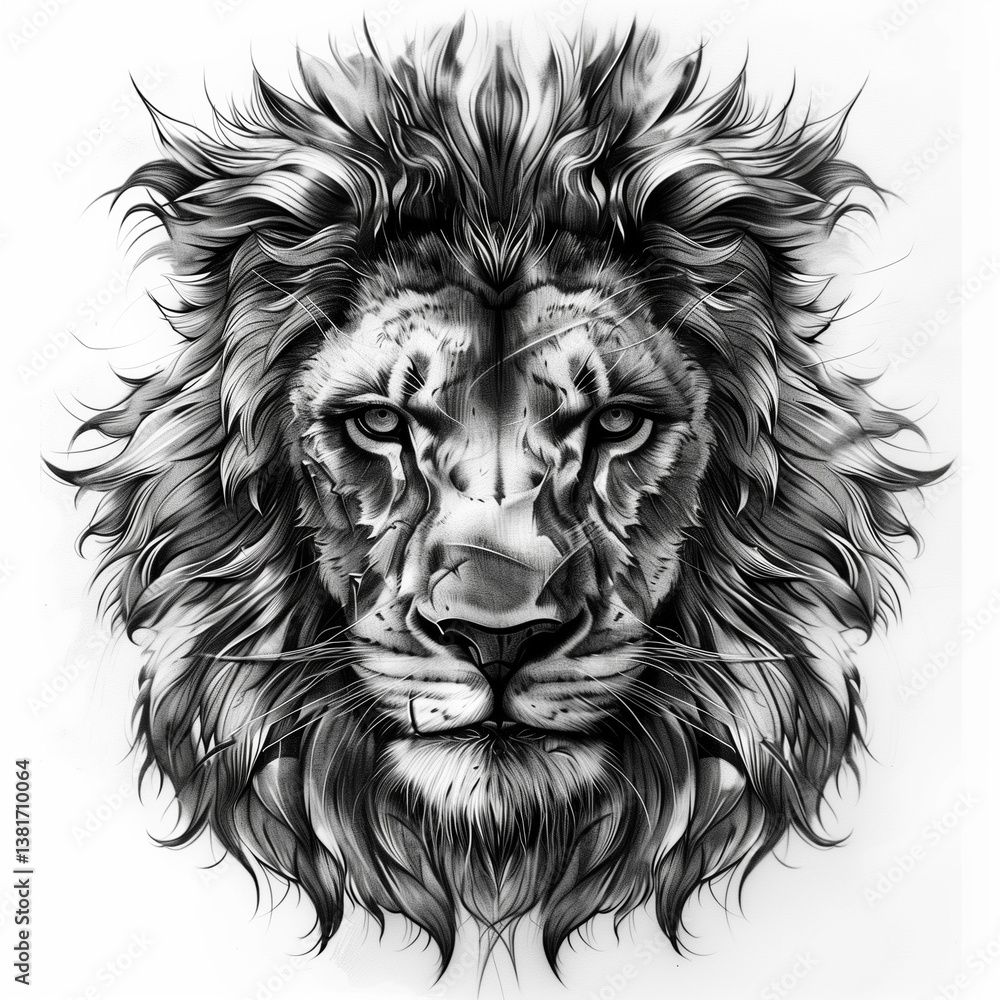 A hyper-realistic tattoo design of a lion head with intense for body art and tattoo design concepts A hyper-realistic tattoo design of a lion head with intense for body art and tattoo design concepts
