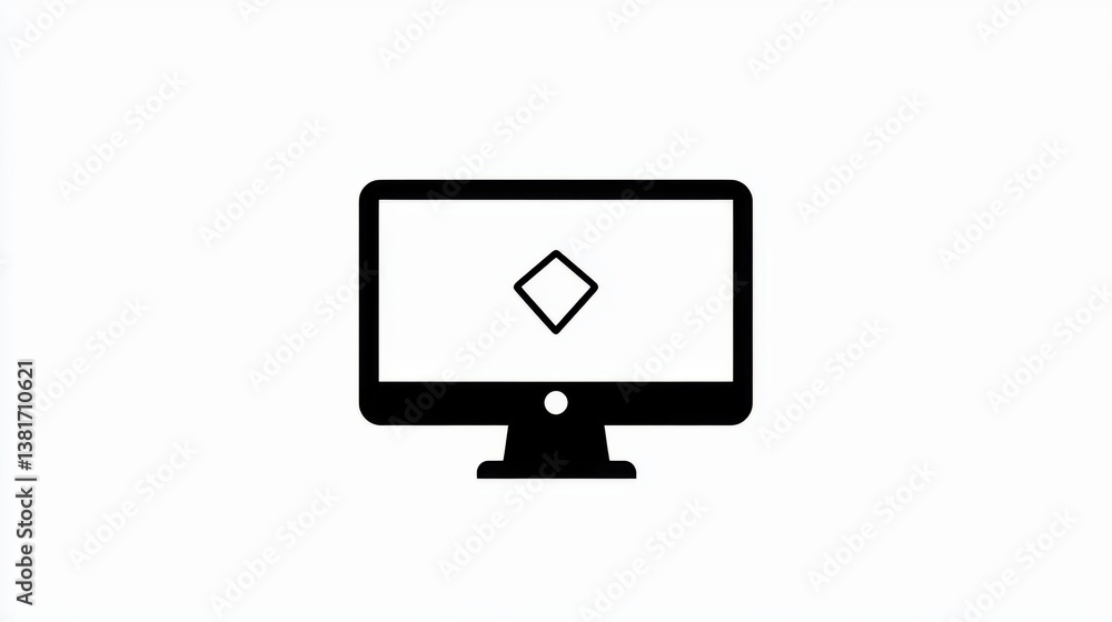 Minimalist black and white computer icon with diamond shape on screen
