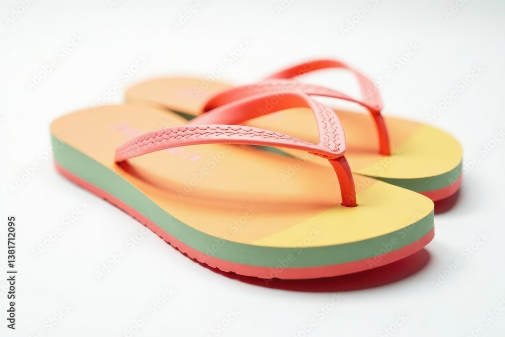 Close-up view of a brightly colored flip-flop against a pure white backdrop , style, summer Close-up view of a brightly colored flip-flop against a pure white backdrop , style, summer