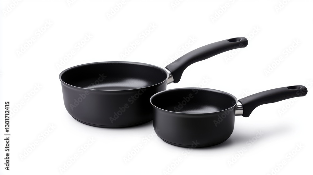 Two Different Sizes of Black Nonstick Cooking Pots on a White Background for Culinary Use Two Different Sizes of Black Nonstick Cooking Pots on a White Background for Culinary Use