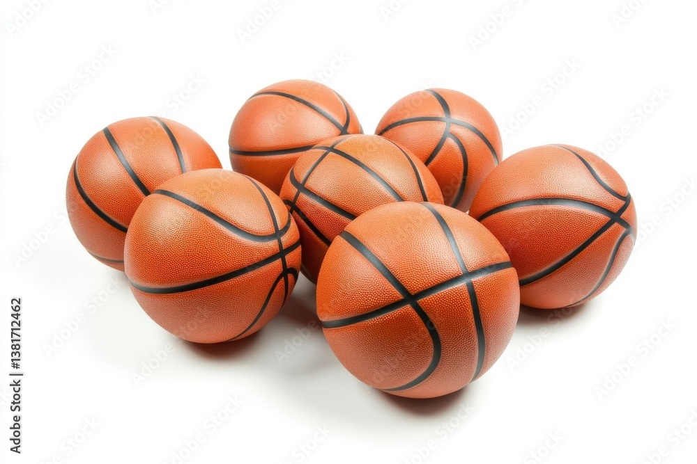 Obraz premium A flock of basketballs isolated on a white background, showcasing vibrant orange color and textured surface, ideal for sports, fitness, and athletic themes.