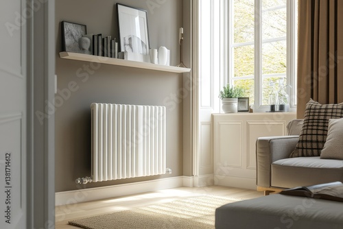 Modern radiator in a home with central heating system, showcasing contemporary interior design, energy efficiency, and stylish home heating solution. AI generated illustration.