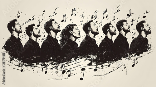 A monochromatic illustration of a choir with musical notes ink blots and splatters surrounding them Singing