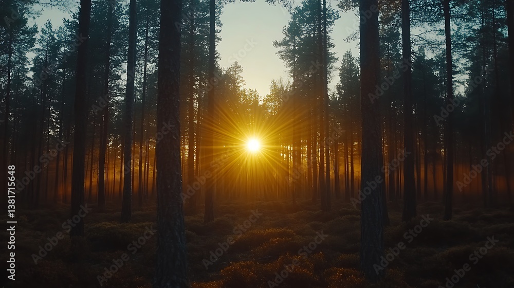 Obraz premium Beautiful sunrise shining through the towering trees of the forest