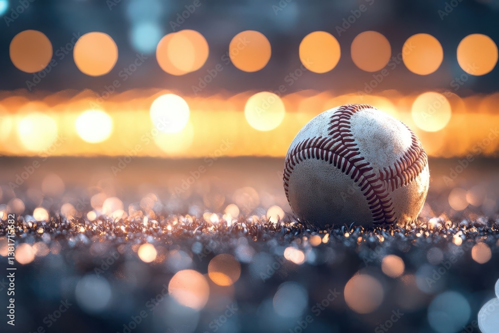 Fototapeta premium Close-up of a baseball on a stadium field at night, featuring blurred lights and a bokeh effect. Ultra-realistic, high-resolution sports concept image.