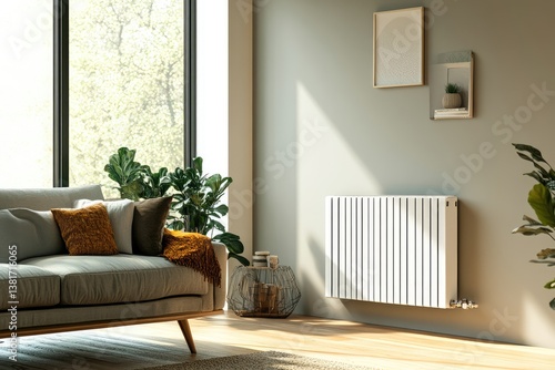 Modern home interior with sleek radiator, central heating system, cozy minimalistic living space, warm ambient lighting, functional contemporary design. AI generated illustration.