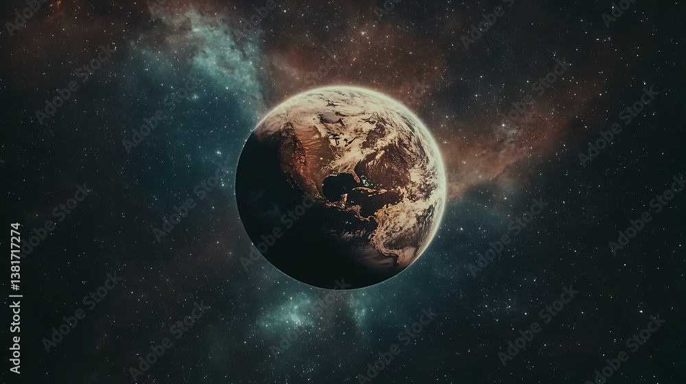 Fototapeta premium A planet floating in the vastness of the dark cosmic space