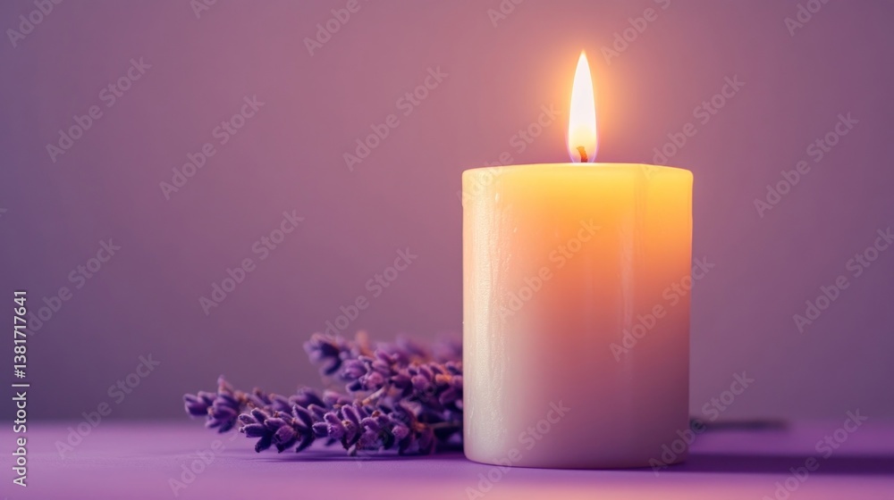 Soft Glow of a Candle with Lavender on a Purple Background Soft Glow of a Candle with Lavender on a Purple Background