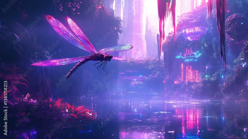A whimsical neon dragonfly dances over the mirrorlike surface of a futuristic lagoon