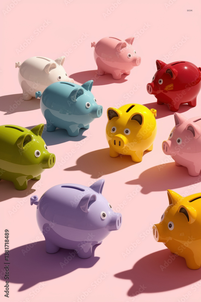 Colorful Piggy Banks Displayed on Soft Pink Surface Highlights Savings and Financial Planning Colorful Piggy Banks Displayed on Soft Pink Surface Highlights Savings and Financial Planning