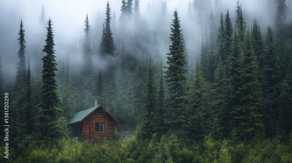 Secluded cabin nestled amidst towering pines in a mysterious foggy forest landscape