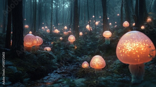 Enchanted luminescence: a bioluminescent fungal forest casting a mystical glow