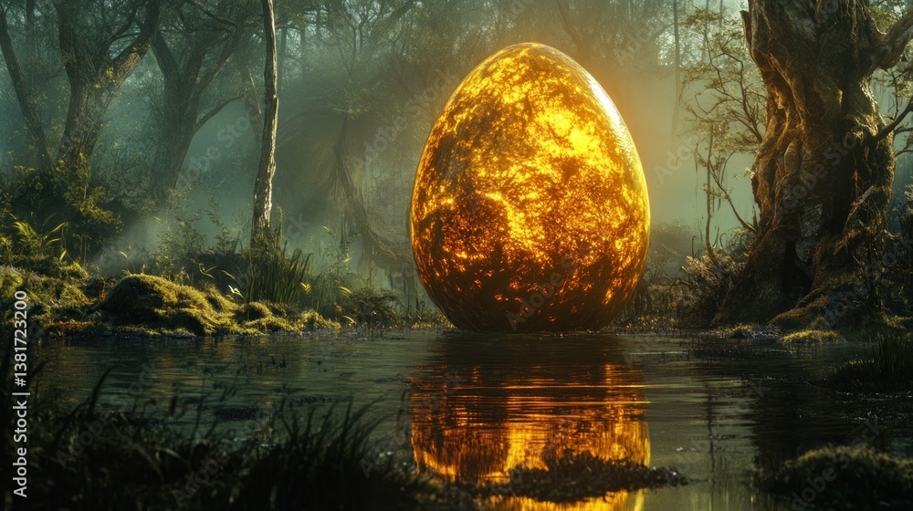 Enigmatic Golden Orb Reflecting in Misty Woodland Pool, Fantasy Landscape