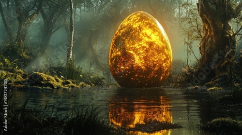 Obraz na płótnie Enigmatic Golden Orb Reflecting in Misty Woodland Pool, Fantasy Landscape w salonie