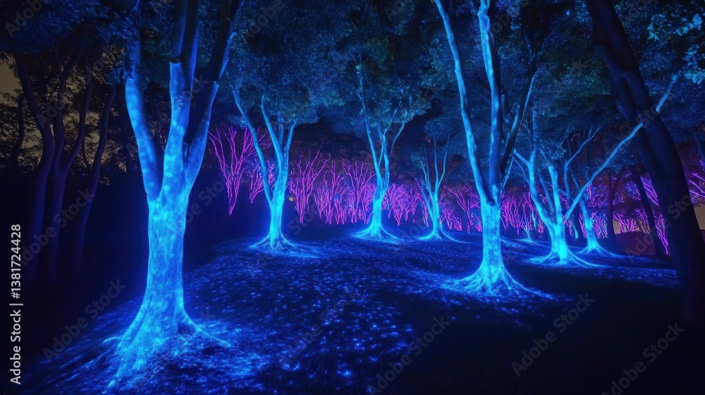 Spectacular enchanted forest illuminated with bioluminescent light painting