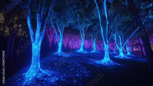 Obraz na płótnie Spectacular enchanted forest illuminated with bioluminescent light painting w salonie