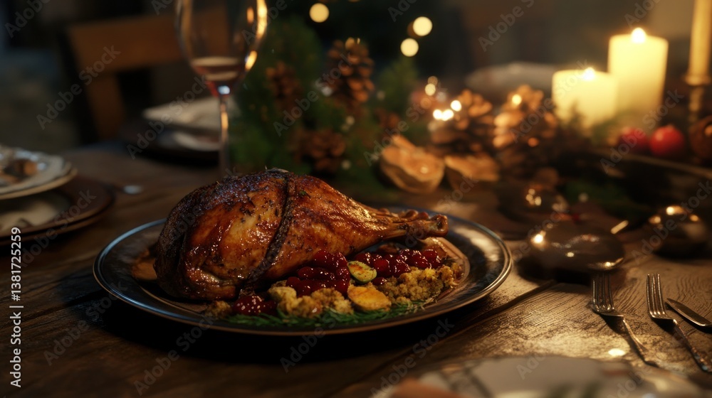 Roasted Chicken Dinner with Festive Table Setting and Warm Candles Perfect for Holiday Celebra Roasted Chicken Dinner with Festive Table Setting and Warm Candles Perfect for Holiday Celebra