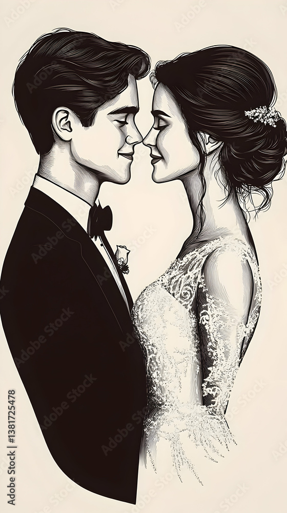 An illustration of a groom and bride noses touching Bride has a lace dress and hair piece Groom is in a tuxedo An illustration of a groom and bride noses touching Bride has a lace dress and hair piece Groom is in a tuxedo
