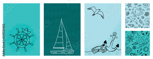 Photography Set of postcards in marine style and seamless patterns