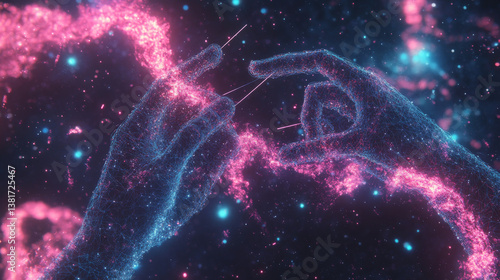 Abstract illustration of DNA manipulation using bare hands and tweezers in a space-themed digital wireframe