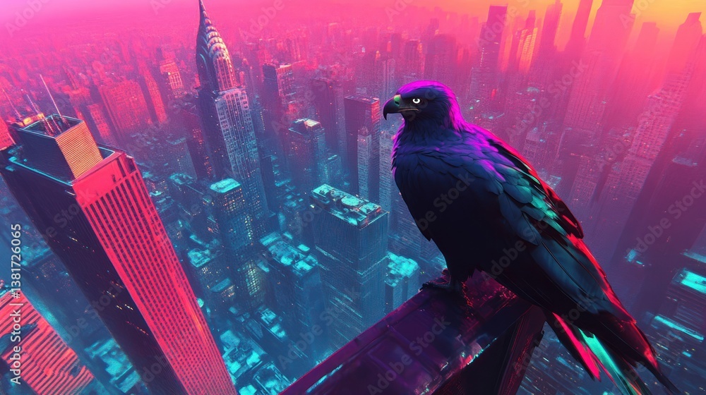 Cyberpunk eagle surveying neon-lit cityscape from atop gleaming skyscraper