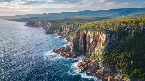 A scenic coastal cliffside covered in dense green vegetation.