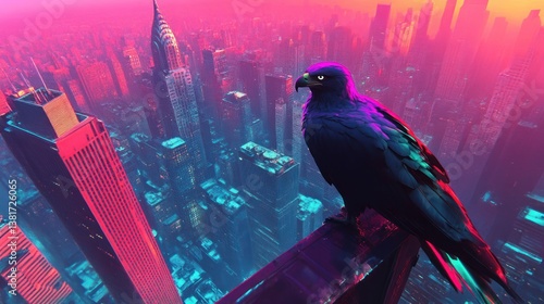 Obraz na płótnie Cyberpunk eagle surveying neon-lit cityscape from atop gleaming skyscraper w salonie
