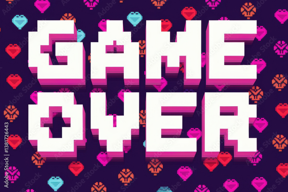 Retro Video Game 'Game Over' Screen with Colorful Pixelated Hearts in Vibrant Neon Tones Retro Video Game 'Game Over' Screen with Colorful Pixelated Hearts in Vibrant Neon Tones